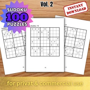 100 Sudoku medium and hard Vol 2 | Digital Puzzle Games | Sudoku Printable | Adult Puzzle Games | Digital Product | Printables