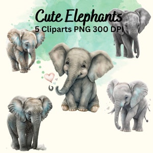 5 Cute Elephant Sublimation PNG | Watercolour Images | Watercolor Digital Art | Clipart for Kids | Printable Art Design | Digital Download