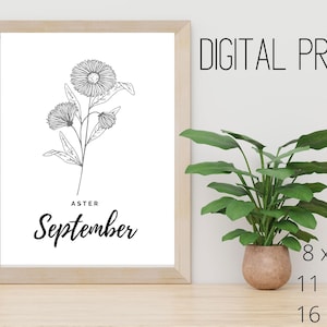 Printable Digital Download - September Birth Flower-Aster-8x10-11x14-16x20-Digital ArtGift for Her, Best Friend Gift, Galentine&#39;s Gift