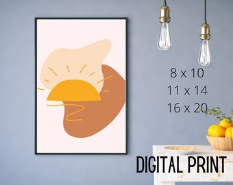 May include: Abstract art print featuring a minimalist design with a yellow sun shape and radiating lines over a brown and beige background. The print is available in 8 x 10, 11 x 14, and 16 x 20 inch sizes. The words "DIGITAL PRINT" are at the bottom.