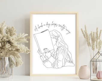 Book Lover Line Art Print - Bookish Wall Decor (Digital Download)
