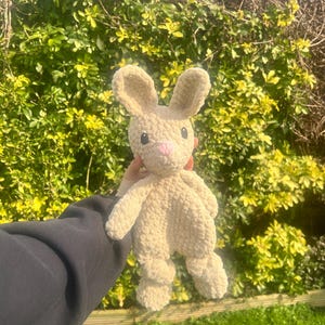 May include: A crocheted plush bunny toy in a cream color with pink nose and eyes. The bunny is being held in front of a green bush.