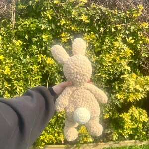 May include: A beige crocheted bunny rabbit toy with a white fluffy tail. The toy is being held in front of a green leafy background.
