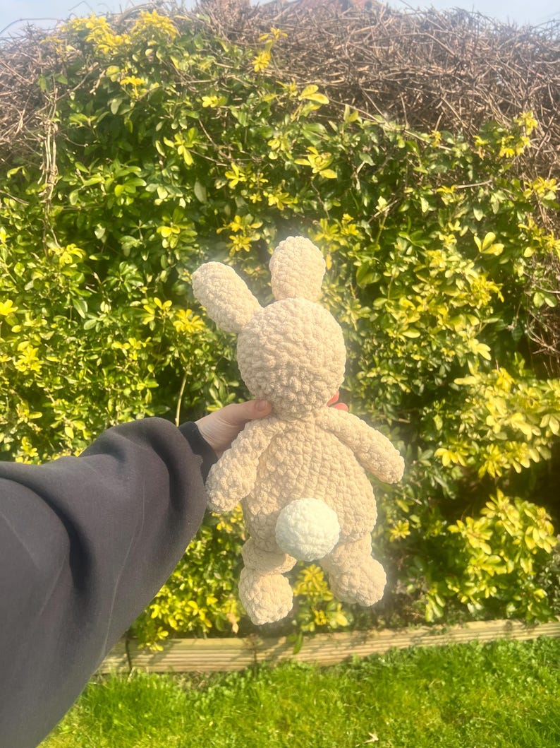 May include: A beige crocheted bunny rabbit toy with a white fluffy tail. The toy is being held in front of a green leafy background.