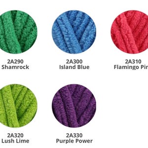 May include: Six skeins of yarn in different colors: shamrock green, island blue, flamingo pink, lush lime, purple power. Each skein is labeled with a color name and a code.