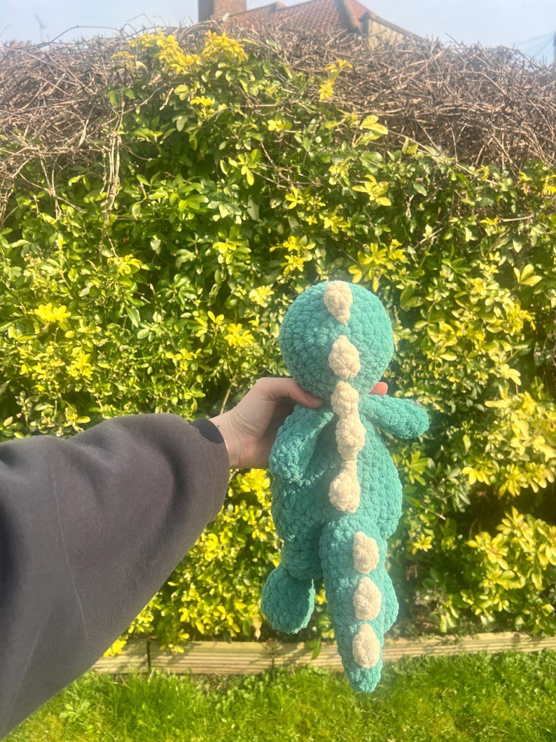 May include: A teal green crocheted dinosaur toy with white accents. The dinosaur has a long tail and a small head with a white spot on top.