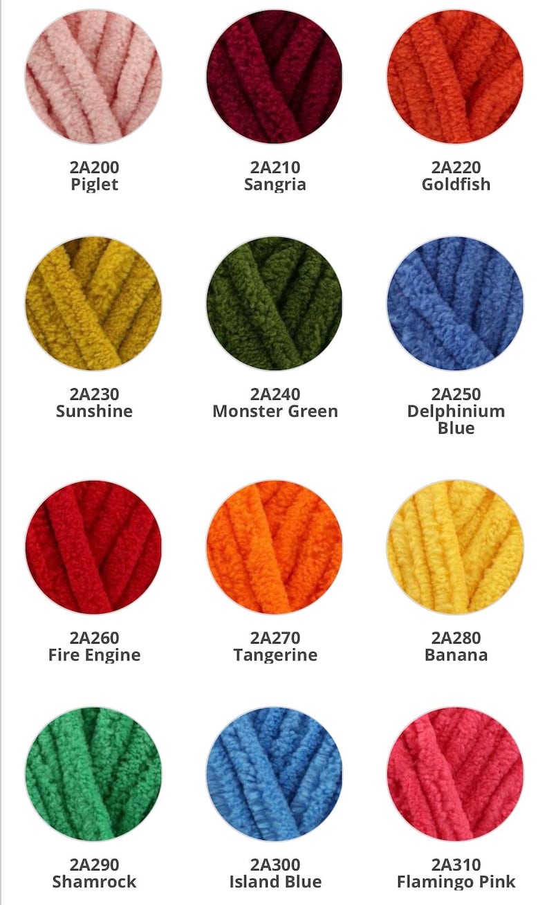 May include: A collection of ten yarn colors, each displayed in a circle. The colors are: Piglet (pink), Sangria (red), Goldfish (orange), Sunshine (yellow), Monster Green (green), Delphinium Blue (blue), Fire Engine (red), Tangerine (orange), Banana (yellow), Shamrock (green), Island Blue (blue), and Flamingo Pink (pink).