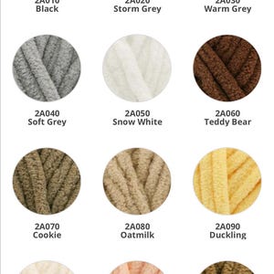 May include: A collection of 12 yarn colors, including black, grey, white, brown, beige, and yellow. Each color is displayed in a circle with the color name and code underneath.