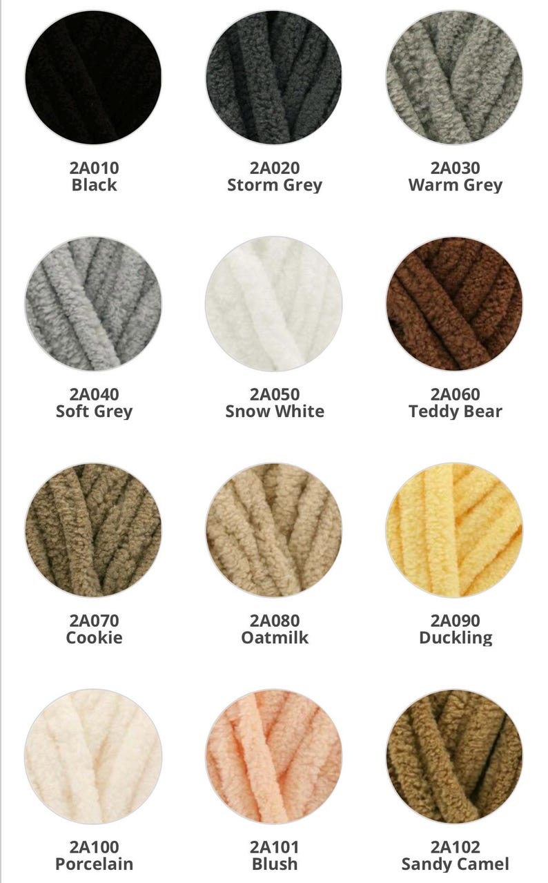 May include: A collection of 12 yarn colors, including black, grey, white, brown, beige, and yellow. Each color is displayed in a circle with the color name and code underneath.