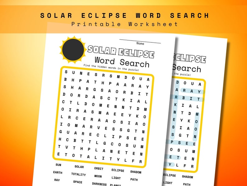 Solar Eclipse Word Search Printable Worksheet Elementary School ...
