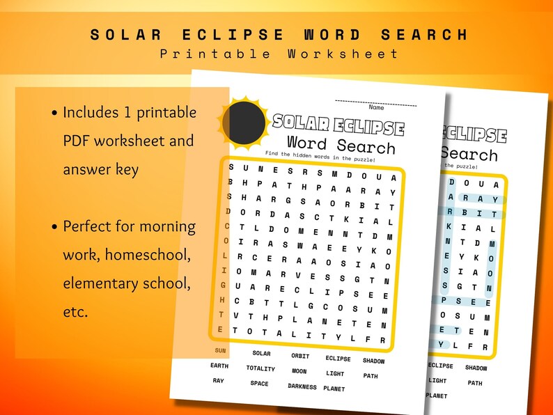 Solar Eclipse Word Search Printable Worksheet Elementary School ...