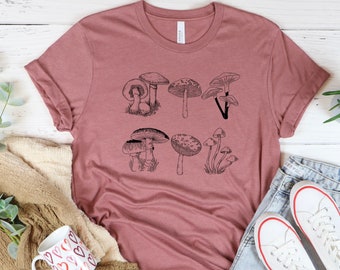 Mushroom Tshirt, Vintage Illustration Mushroom Decor Art Shirt, Botanical Shirt, Plant Shirt, Hippie Shirt, Nature Lover, Mushroom Drawing
