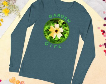 Garden Girl Garden Lovers Yellow Flower Long-sleeve Deep Teal T