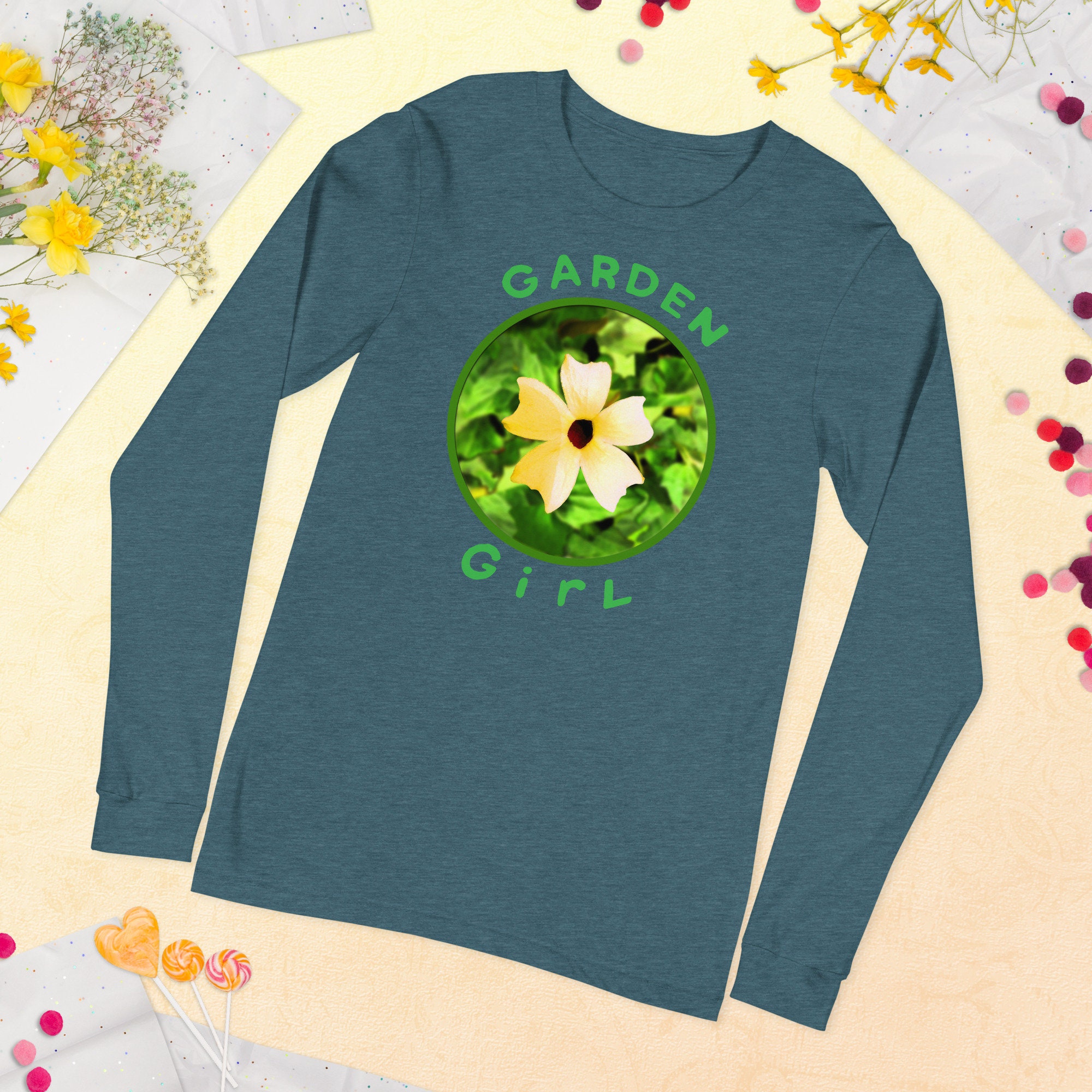 Garden Girl Garden Lovers Yellow Flower Long-sleeve Deep Teal T