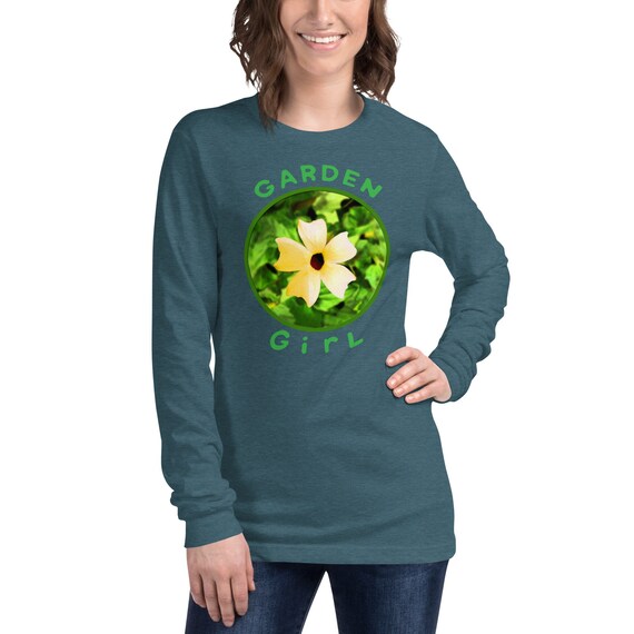Garden Girl Garden Lovers Yellow Flower Long-sleeve Deep Teal T
