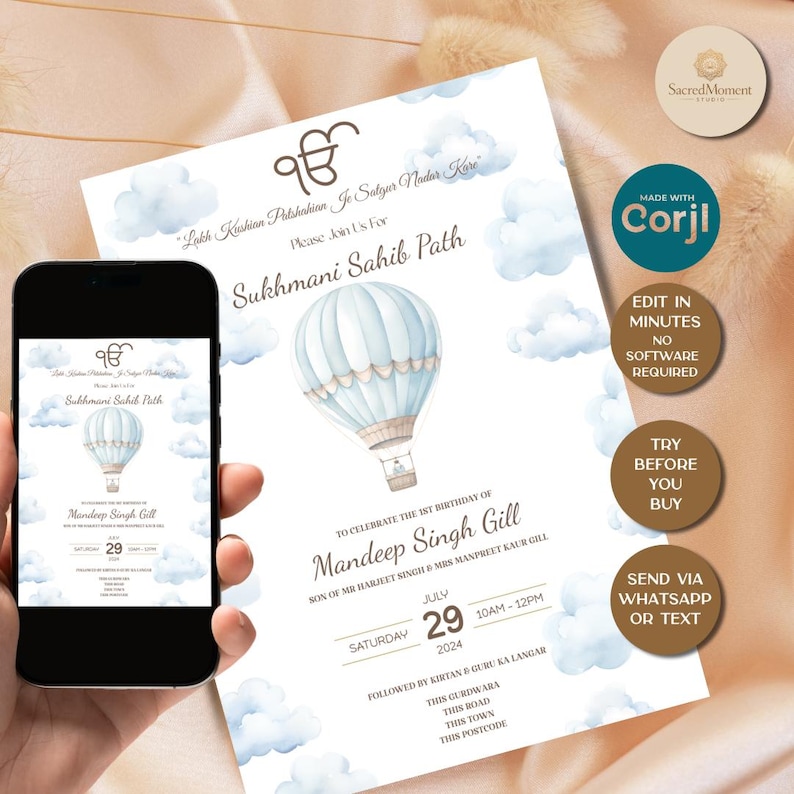 May include: Digital invitation for a Sukhmani Sahib Path, with a watercolour hot air balloon and cloud design. The invitation includes event details for Mandeep Singh Gill's 1st birthday, with the date, time, and location. Available via Corjl.