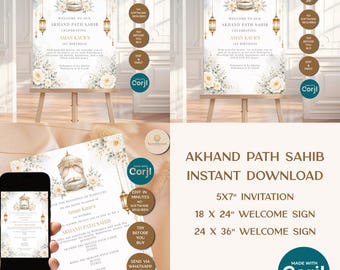 Akhand Path Invitation Bundle, Sikh Ceremony Invite Template, Punjabi Religious Invitation, Editable Corjl Template, Instant Download