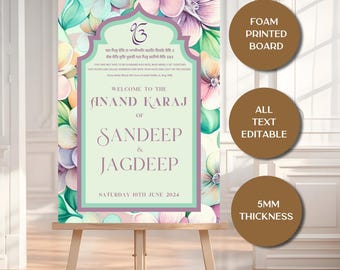 May include: A floral wedding welcome sign on an easel. The sign features a light green and purple floral design with text that reads "Welcome to the Anand Karaj of Sandeep & Jagdeep, Saturday 10th June 2024". The sign is a foam printed board.
