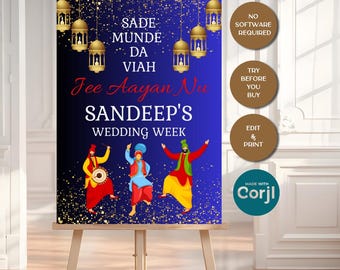 Op de afbeelding: Een blauw trouwbord op een ezel met gouden lantaarns en tekst. Op het bord staat "Sandeep's Wedding Week" met extra tekst in een scriptlettertype. Drie figuren in traditionele kleding dansen onderaan.