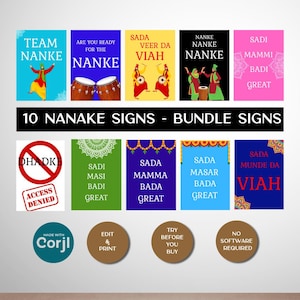 May include: A collection of ten colorful signs with Punjabi text and graphics. The signs feature phrases like "Team Nanke," "Sada Viah," and "Nanke Nanke." The bundle includes various designs for celebrations and events.