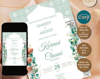 Editable Kurmai & Chunni Invitation Template | Indian Wedding Digital Invite |Corjl Instant Download |Desi Engagement Card |Printable Invite