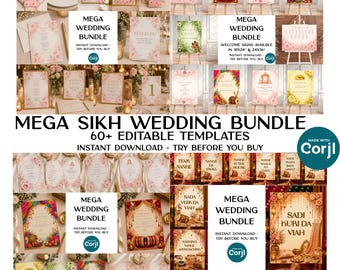 Sikh Wedding Template Bundle, 60+ Editable Punjabi Wedding Invitations, Anand Karaj, Jaggo & Mehndi