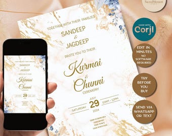 Editable Kurmai & Chunni Invitation Template | Indian Wedding Digital Invite |Corjl Instant Download |Desi Engagement Card |Printable Invite