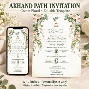 Pode incluir: Um modelo digital de convite Akhand Path com detalhes florais creme, o símbolo Ik Onkar e texto detalhando o 1º aniversário de Sandeep Singh Gill em 10-12 de julho de 2024. O design é exibido em um smartphone e um cartão de 5x7 polegadas.