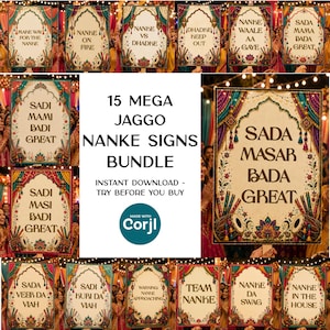 May include: A bundle of 15 decorative signs for a Jaggo celebration, featuring colorful borders with dhol drums and floral patterns. Each sign displays unique text such as Make Way For The Nanke, Nanke On Fire, Dhadke Keep Out, and Sada Masar Bada Great.