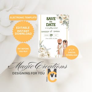 Indian Couple Save The Date Template: Modern Editable Design (Digital Download)