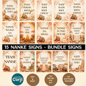 May include: A collection of 15 decorative signs for a wedding celebration, featuring floral borders, dhol drums, and text phrases like Sadi Veer Da Viah, Nanke On Fire, and Team Nanke. The signs are displayed in a grid with a cream background.