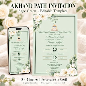 Pode incluir: Modelo de convite Akhand Path em verde sálvia com detalhes florais brancos. O design inclui o símbolo Ik Onkar, uma ilustração de templo dourado e texto para um 1º aniversário em 10 e 12 de julho de 2024. Exibido em smartphone e cartão de 12,7x17,8 cm.
