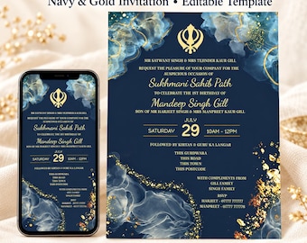 May include: A navy blue and gold invitation template for a Sukhmani Sahib Path, featuring a Khanda symbol and abstract blue ink swirls with gold foil accents. The text includes event details for Mandeep Singh Gill's 1st birthday.