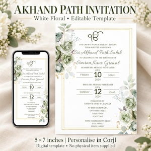 Pode incluir: Um modelo de convite Akhand Path com detalhes florais brancos e bordas douradas. O texto inclui detalhes para o Sri Akhand Path Sahib para Simran Kaur Grewal em 10 e 12 de julho de 2024. O design é exibido em um smartphone e um cartão de 12,7x17,8 cm.