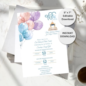 Puede incluir: Tarjeta de invitación blanca con globos de acuarela en colores pastel. La tarjeta incluye texto en inglés y un logotipo. La invitación es para una celebración de cumpleaños y mide 12,7 cm x 17,8 cm. Incluye "Descarga instantánea" y "Descarga editable".