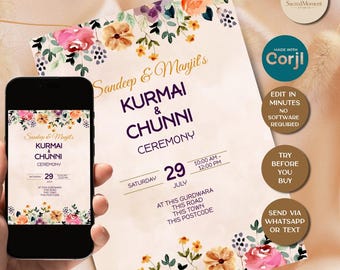 Editable Kurmai & Chunni Invitation Template | Indian Wedding Digital Invite |Corjl Instant Download |Desi Engagement Card |Printable Invite