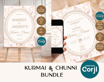 Kurmai & Chunni Invitation and 18" X 24" Welcome Sign, Punjabi Chunni and Kurmai Invitation, Engagement Buddle, Kurmai and Chunni Ceremony
