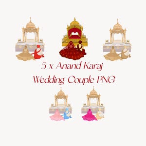 Conjunto de clipart de casal de noivos Sikh, noiva e noivo de Anand Karaj, PNG transparente, clipart romântico, download digital, uso comercial, 5 imagens