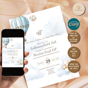 May include: Digital invitation for a Sukhmani Sahib Path celebration, featuring watercolour hot air balloons and clouds. The invitation is displayed on a smartphone and a printed card, with the date July 29, 2024.