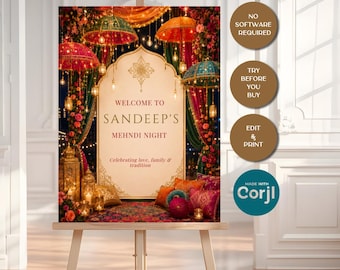 Mehndi Welcome Sign Template, Editable Indian Wedding Sign, Colourful Mehndi Decor, Instant Download, 18x24 & 24x36 Corjl