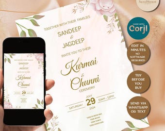 Editable Kurmai & Chunni Invitation Template | Indian Wedding Digital Invite |Corjl Instant Download |Desi Engagement Card |Printable Invite