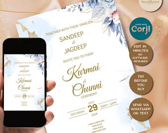 Editable Kurmai & Chunni Invitation Template | Indian Wedding Digital Invite |Corjl Instant Download |Desi Engagement Card |Printable Invite