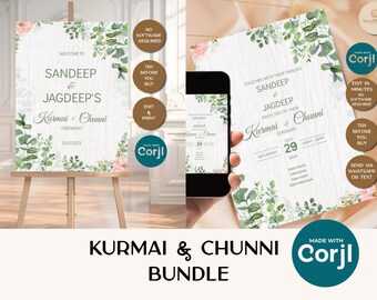 Kurmai & Chunni Invitation and 18" X 24" Welcome Sign, Punjabi Chunni and Kurmai Invitation, Engagement Buddle, Kurmai and Chunni Ceremony