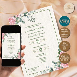 May include: An invitation design with floral accents, displayed on a smartphone and a printed card. The invitation features text in a formal script, with dates and times for an event. The design includes pink roses and green foliage.
