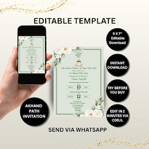 May include: An invitation template with a light green background, white floral accents, and gold text. The design includes the text "Akhand Path Invitation" and details for an event on July 10th and 12th. The image also shows a phone displaying the invitation.