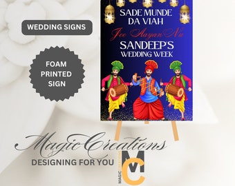 Sade Munde Da Viah, Jee Aanya Nu, Impresión de espuma de boda Punjabi, Boda Punjabi, Semana de bodas Punjabi, Signo de bienvenida de entrada Punjabi