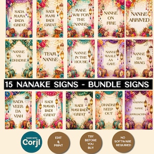 May include: A collection of 15 rectangular signs featuring floral borders, hanging lanterns, and dhol drums. Each sign displays unique text in a decorative font, including phrases like Nanke Arrived, Team Nanke, and Dhadke Keep Out, set against a light background.