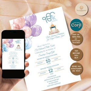 Puede incluir: Un diseño de invitación con una ilustración de templo azul claro y dorado, con texto en escritura cursiva. La invitación dice "Sri Akhand Path Sahib" y celebra el primer cumpleaños de Sandeep Singh Gill. Un smartphone muestra la invitación.