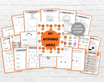 Menú de Halloween para la mañana: Carpeta de aprendizaje preescolar (PDF)