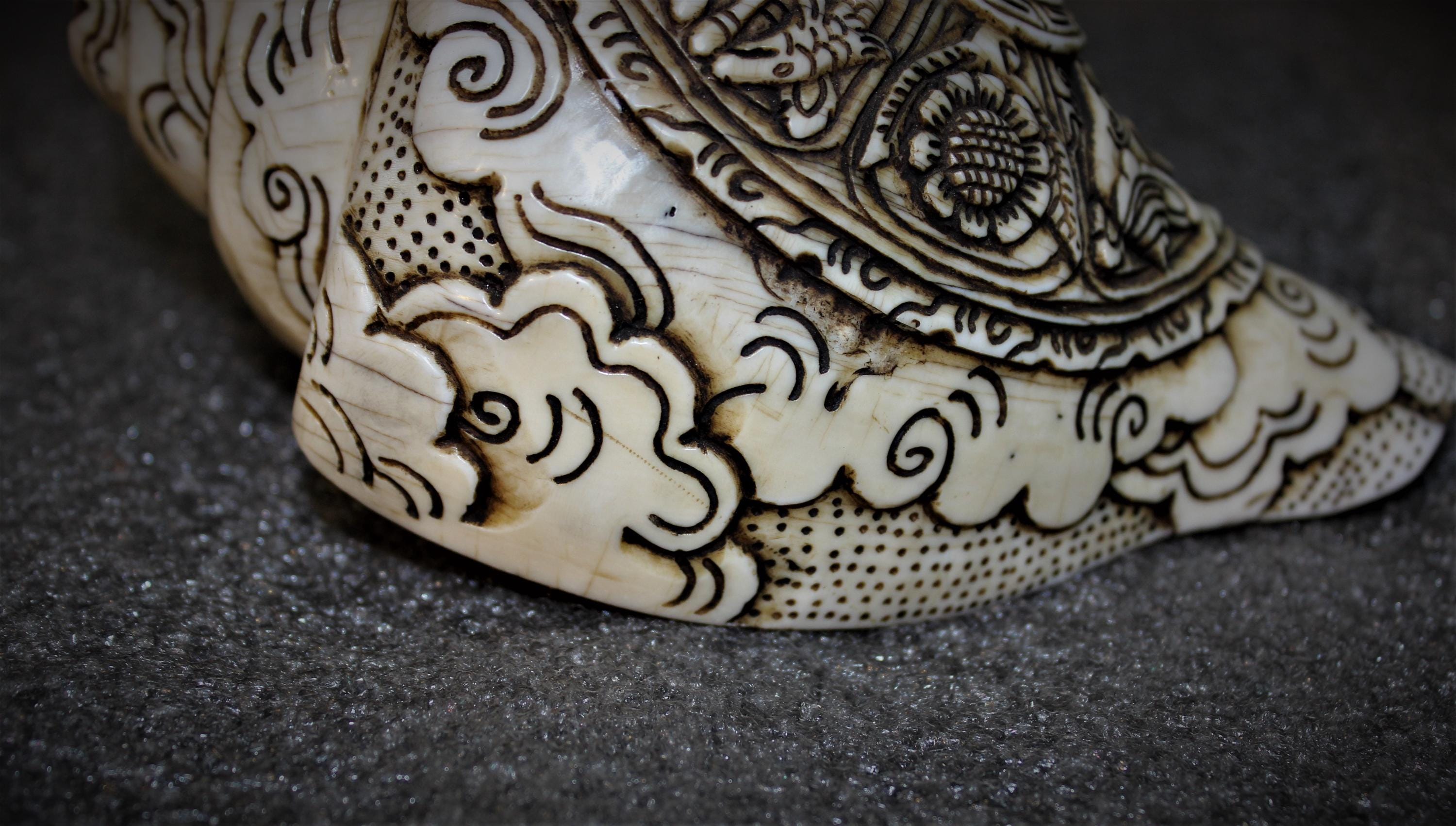 Antique Tibetan Asta Mangal Carved Left Conch Shell Trumpet Instrument ...